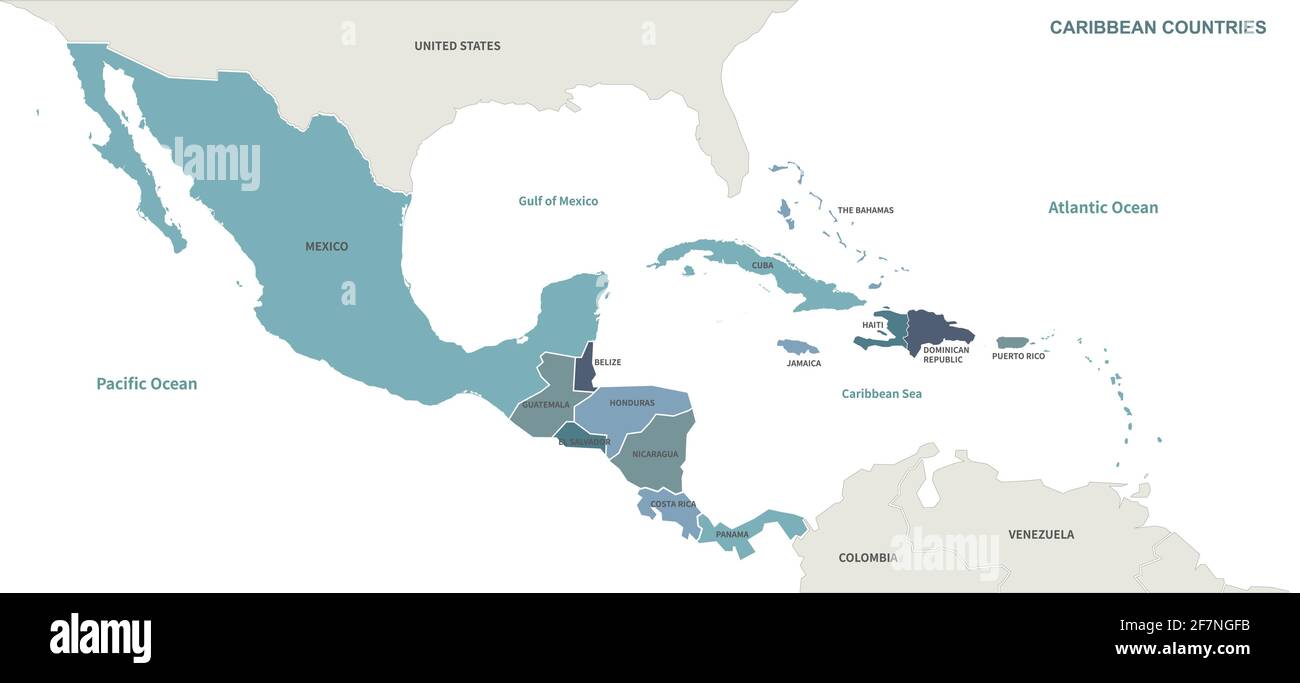 Mappa dei paesi dei Caraibi. Vettore mappa mondiale per continente Illustrazione Vettoriale