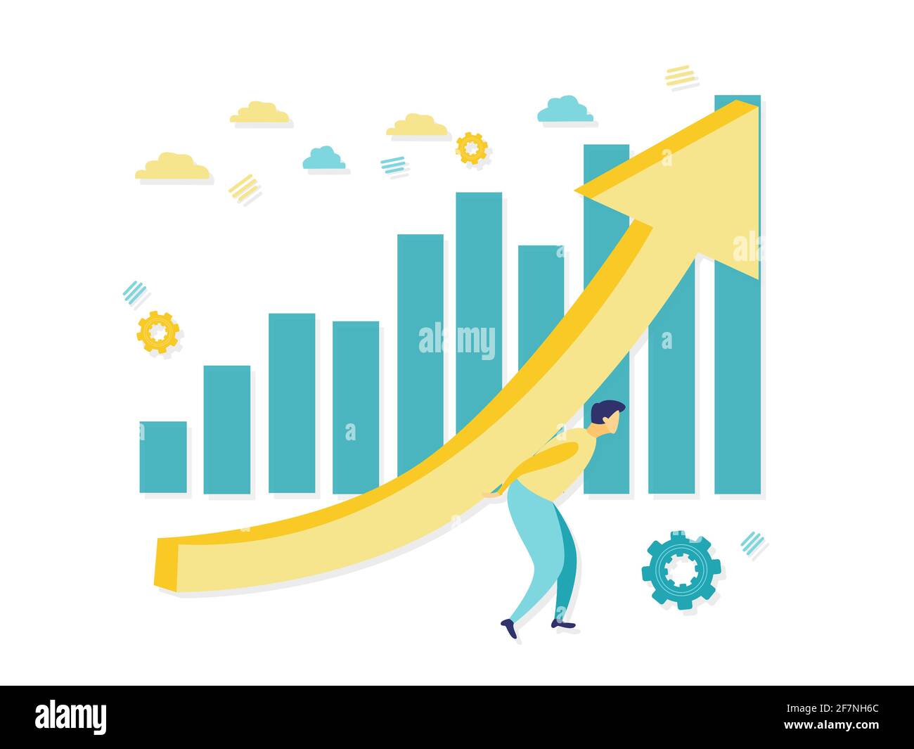 Illustrazione piatta di giovane imprenditore maschile portare un grafico di crescita degli utili con sfondo bianco e grafico a barre blu. Bel colore blu e giallo. Illustrazione Vettoriale