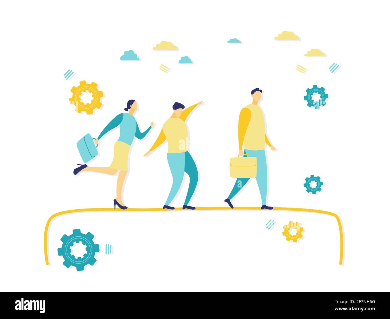 Illustrazione piatta di uomini d'affari che camminano su corda stretta. Semplice illustrazione piatta con blu e giallo. Concetti di business e finanza. Illustrazione Vettoriale Illustrazione piatta di uomini d'affari che camminano su corda stretta. Semplice illustrazione piatta con blu e giallo. Concetti di business e finanza. Illustrazione Vettoriale