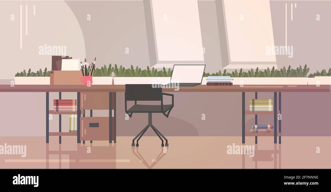 ambiente di lavoro creativo vuoto senza persone interno ufficio orizzontale Illustrazione Vettoriale