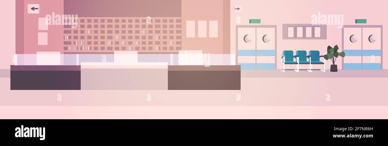 accoglienza ospedaliera stazione infermieri vuota non persone sala clinica interna orizzontale Illustrazione Vettoriale