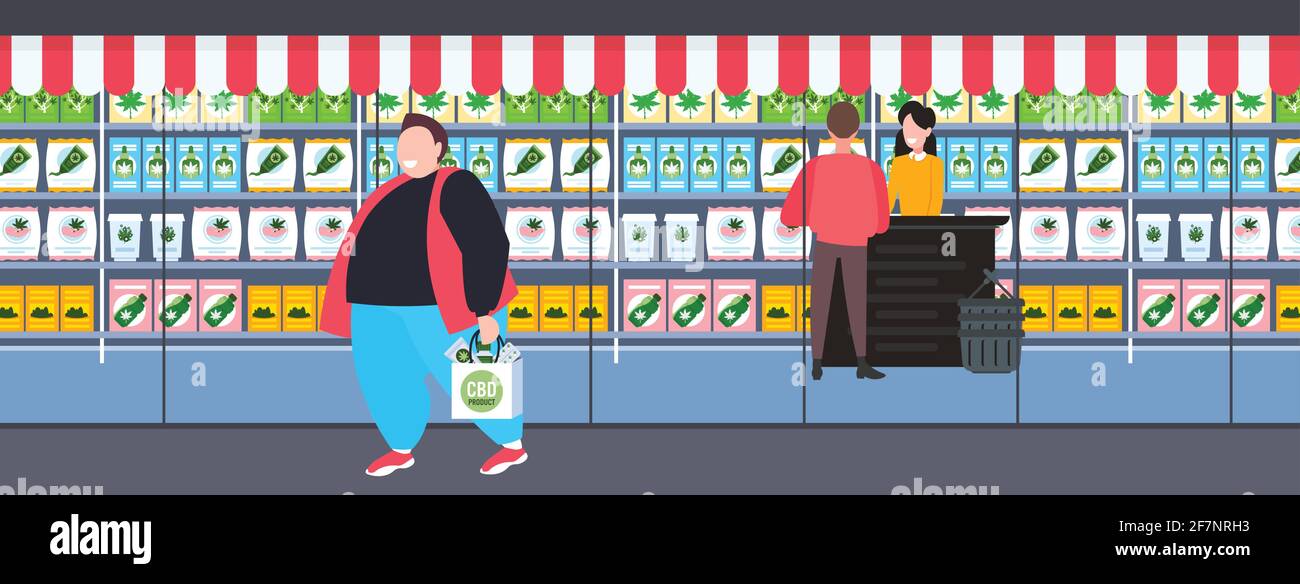 persone che acquistano prodotti cbd modern cannabis shop interni marijuana legalizzazione concetto di consumo di stupefacenti orizzontale a lunghezza intera Illustrazione Vettoriale