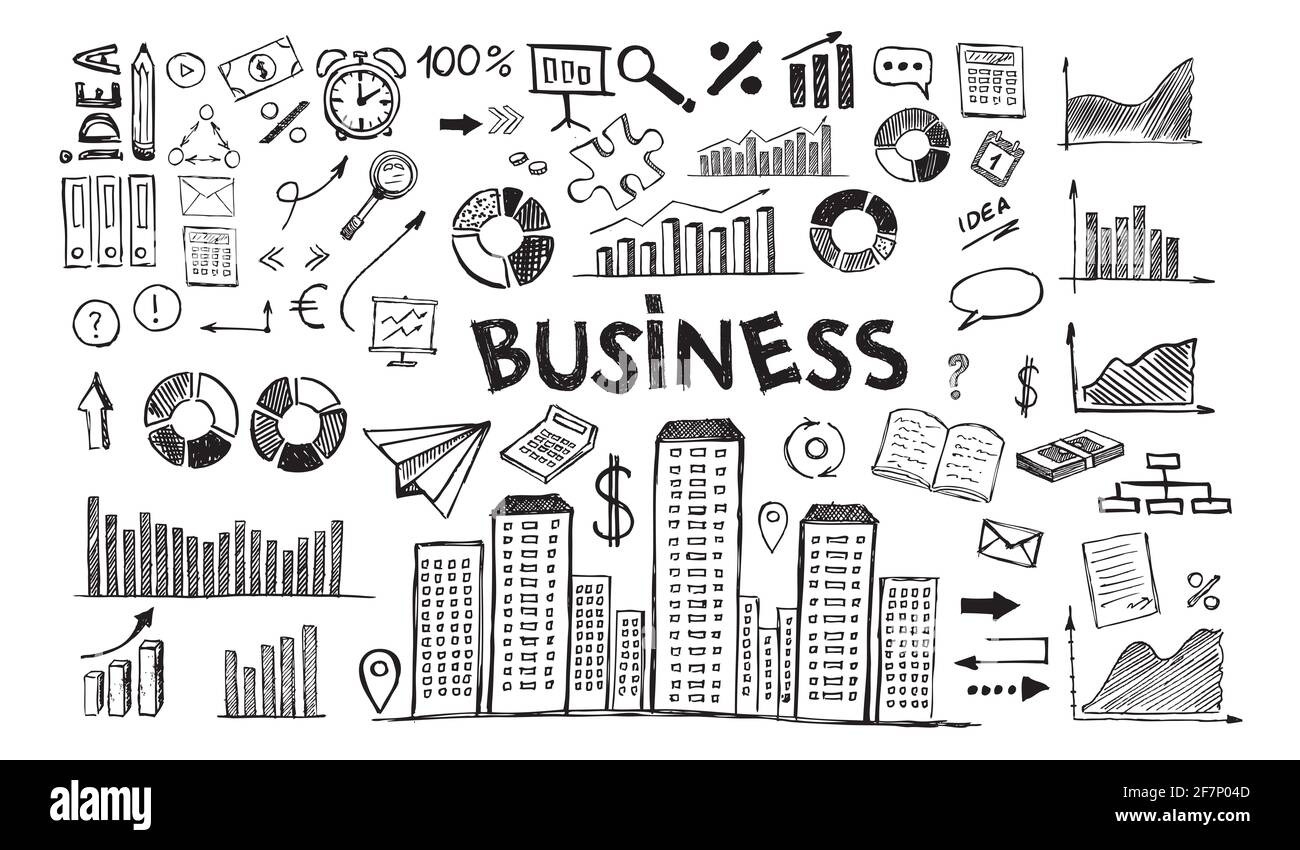 Business simboli disegnati a mano doodle modello Foto Stock