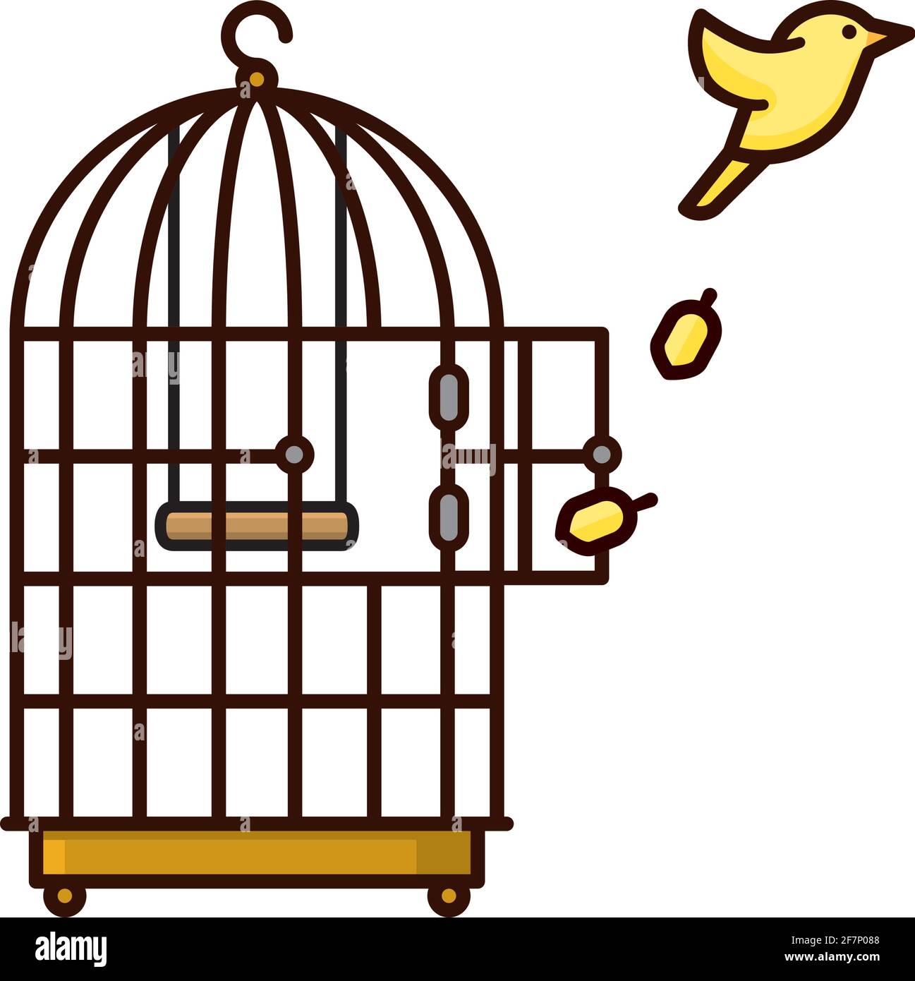 Uccello canarino che fugge da gabbia di uccelli isolato vettore illustrazione per la libertà Giorno del 9 novembre Illustrazione Vettoriale