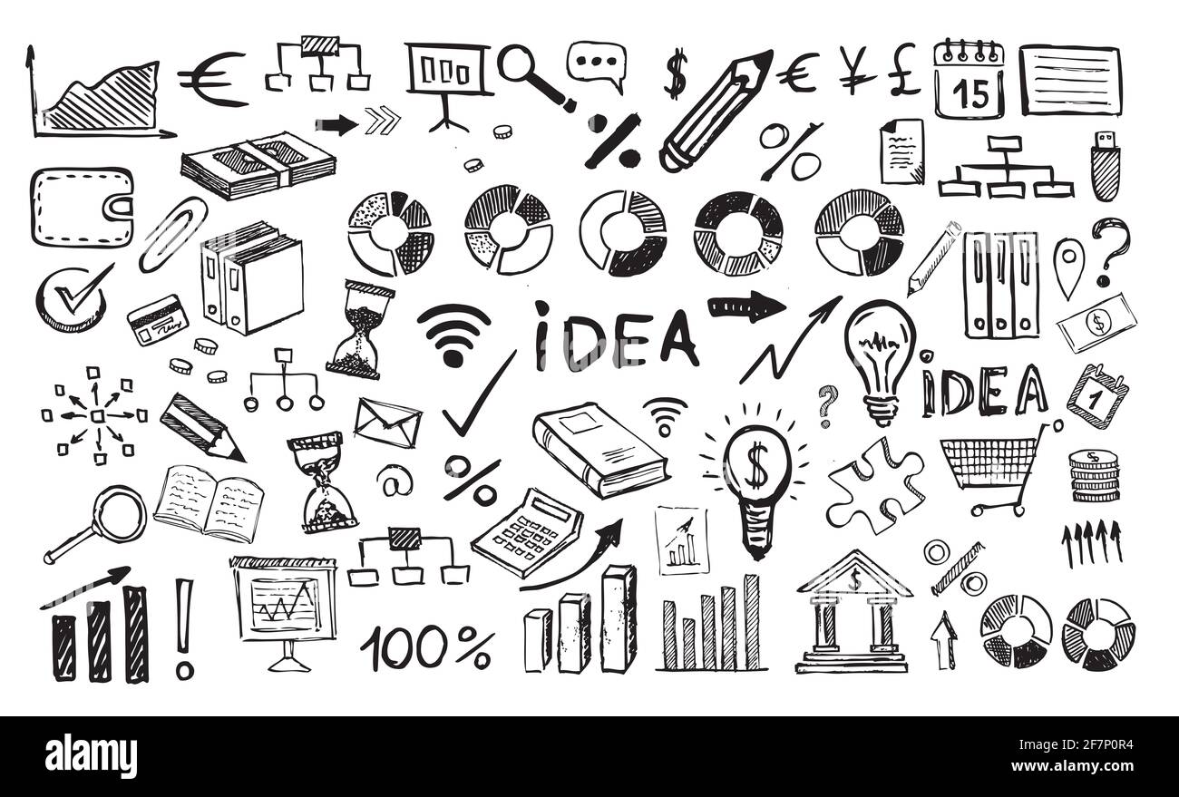 Concetto di gestione con stile di design Doodle. Simboli aziendali disegnati a mano. Foto Stock