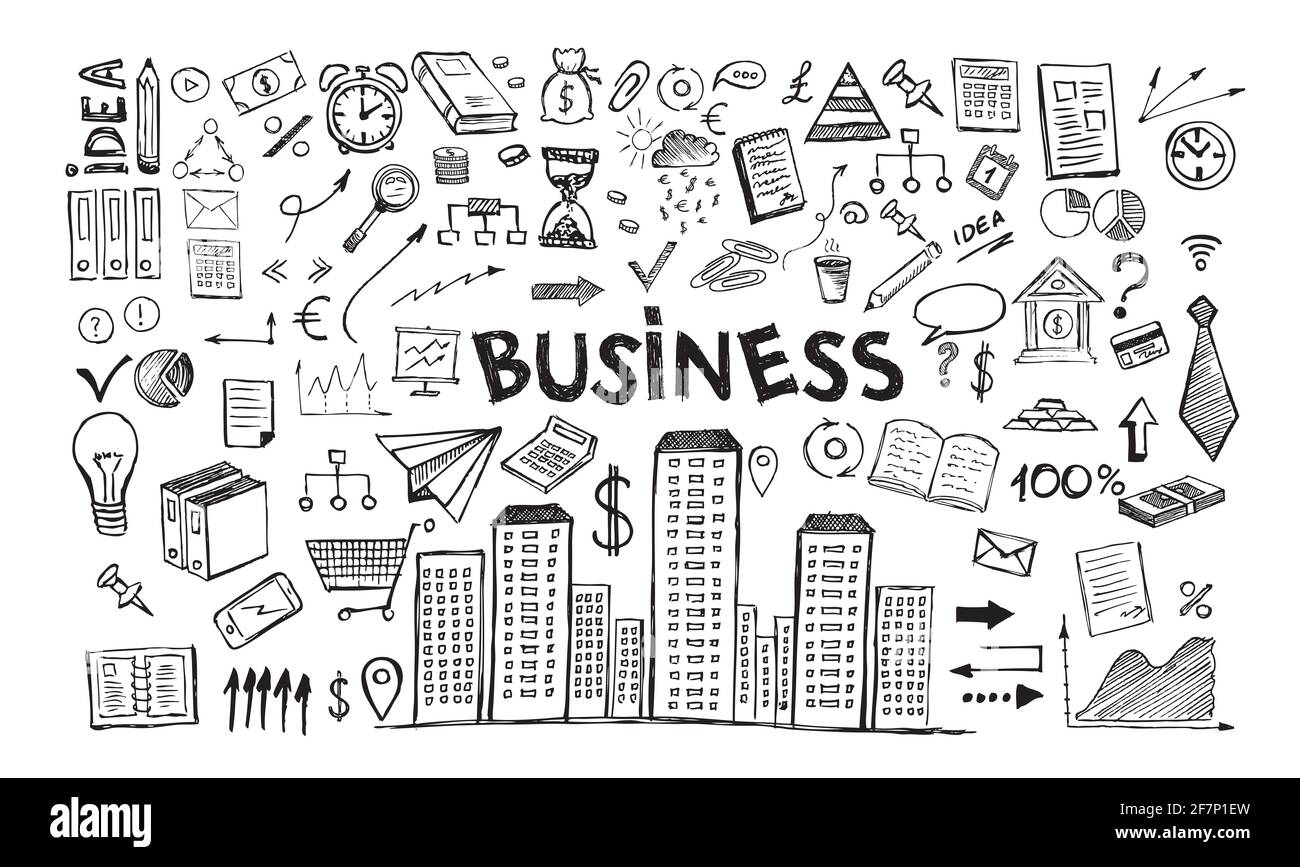 Concetto di gestione con stile di design Doodle. Simboli aziendali disegnati a mano. Foto Stock