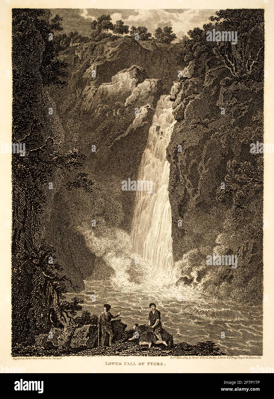 1805 incisione originale della caduta inferiore di Foyers sul fiume Foyers alla fine del 18 ° secolo, da 1811 viste in Gran Bretagna del Nord, illustrativa delle opere di Rob Foto Stock