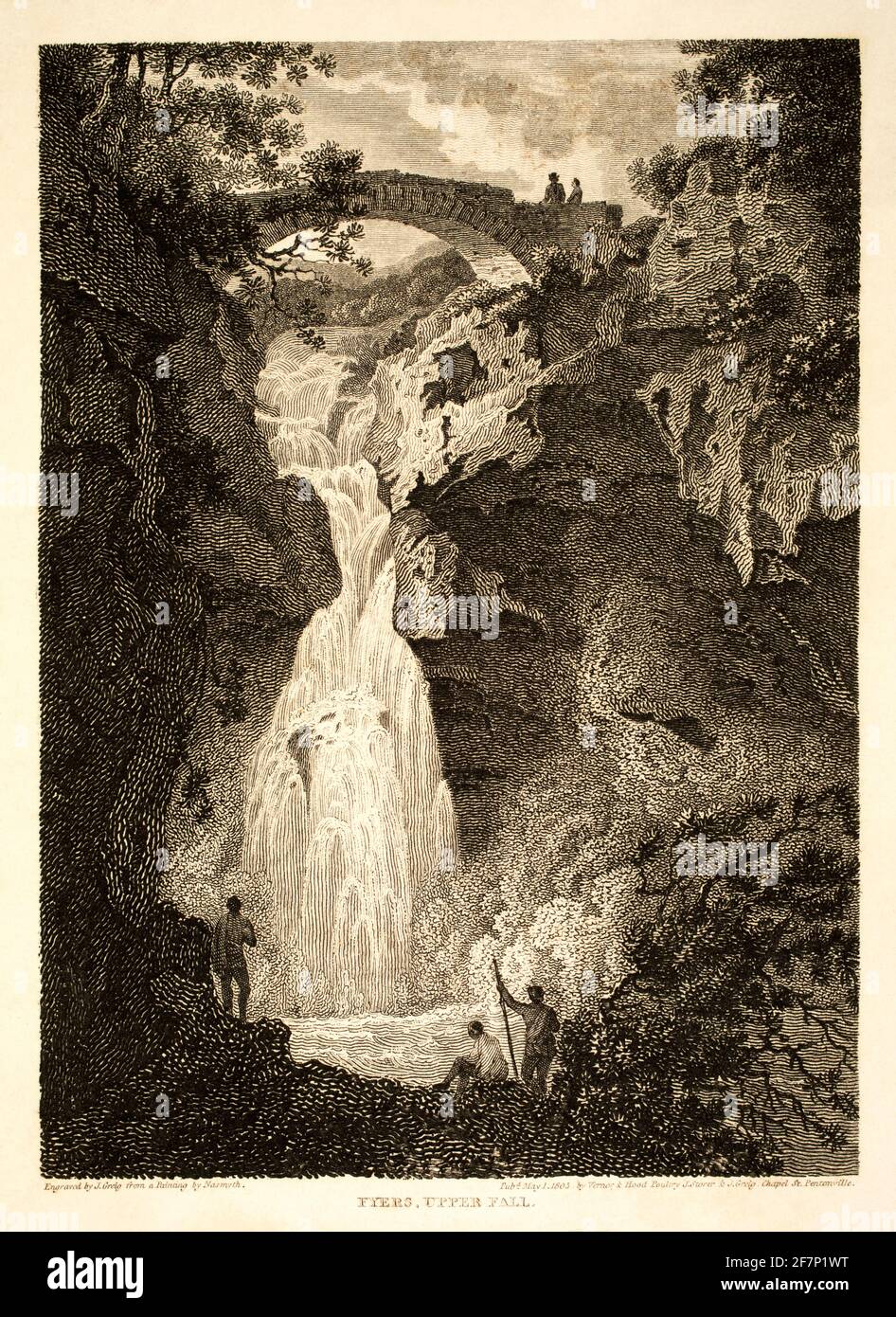 1805 incisione originale della caduta superiore di Foyers sul fiume Foyers alla fine del 18 ° secolo, da 1811 viste in Gran Bretagna del Nord, illustrativa delle opere di Rob Foto Stock