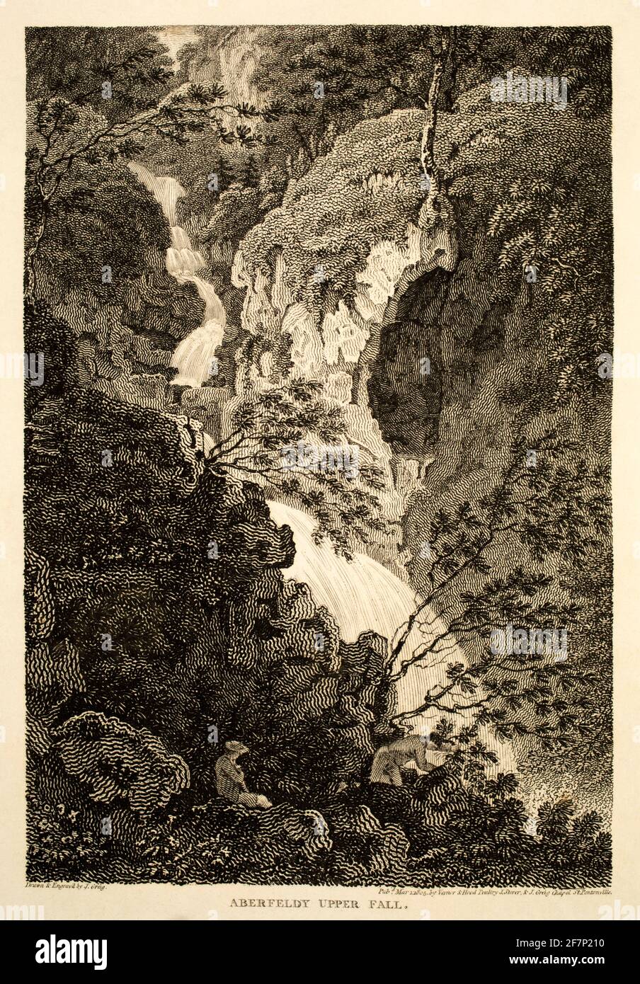 1805 incisione originale di Aberfeldie (Aberfeldy) Upper Falls di Moness alla fine del 18 ° secolo, da 1811 viste in Gran Bretagna del Nord, illustrativa del Foto Stock