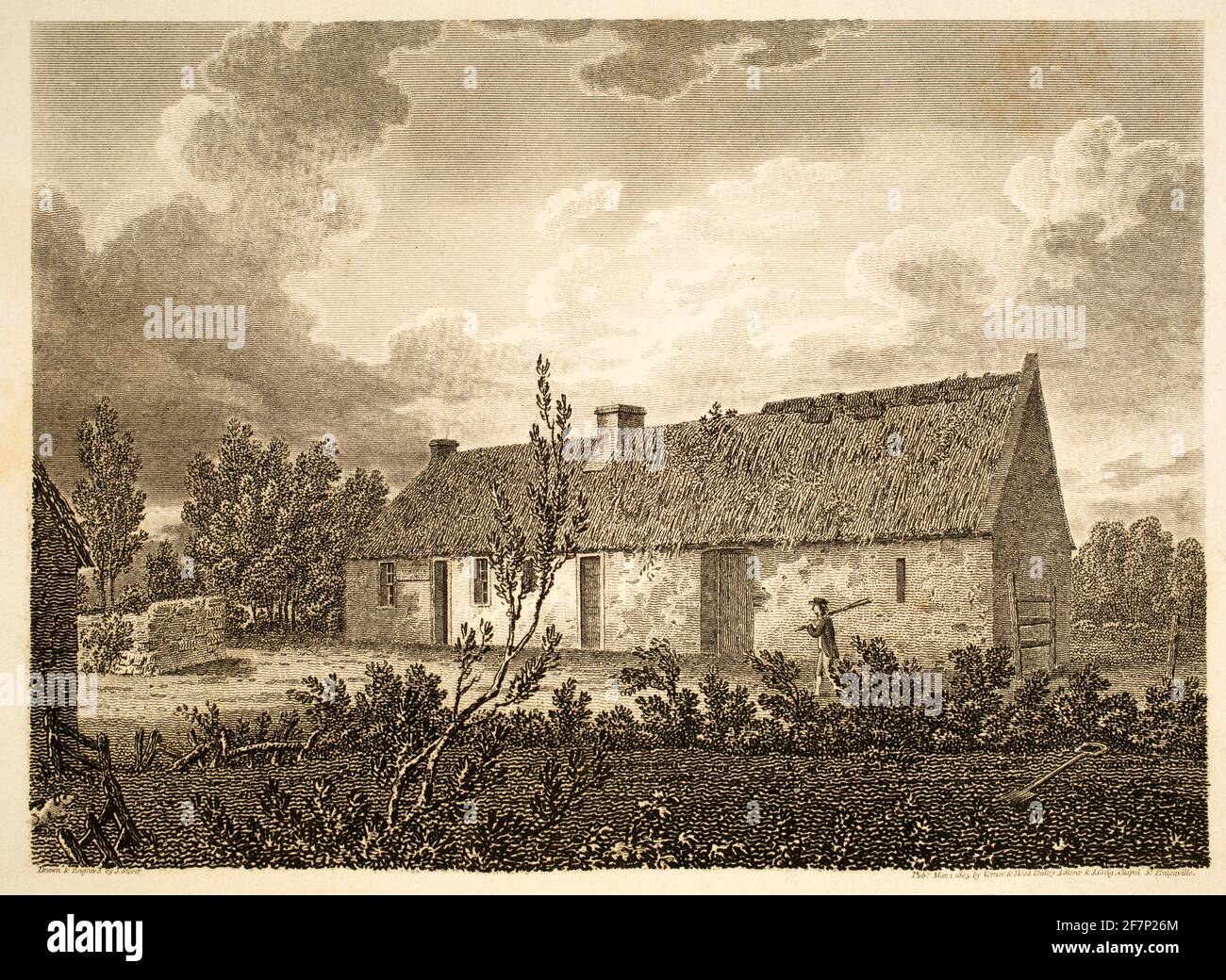 1805 incisione originale del luogo di nascita di Robert Burns a Kirk Alloway, Ayrshire, da 1811 viste in Gran Bretagna del Nord, illustrativa delle opere di Robert B. Foto Stock