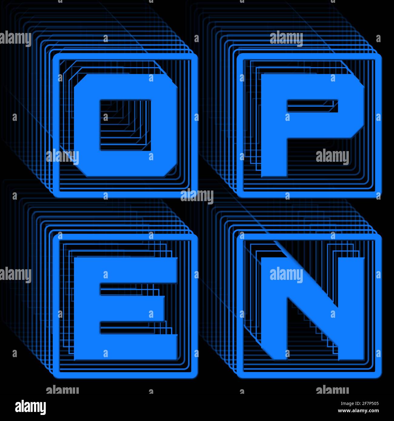 OPEN - scritta blu nella cornice come logo quadrato con Effetto ripetitivo su sfondo nero - Illustrazione 3D Foto Stock