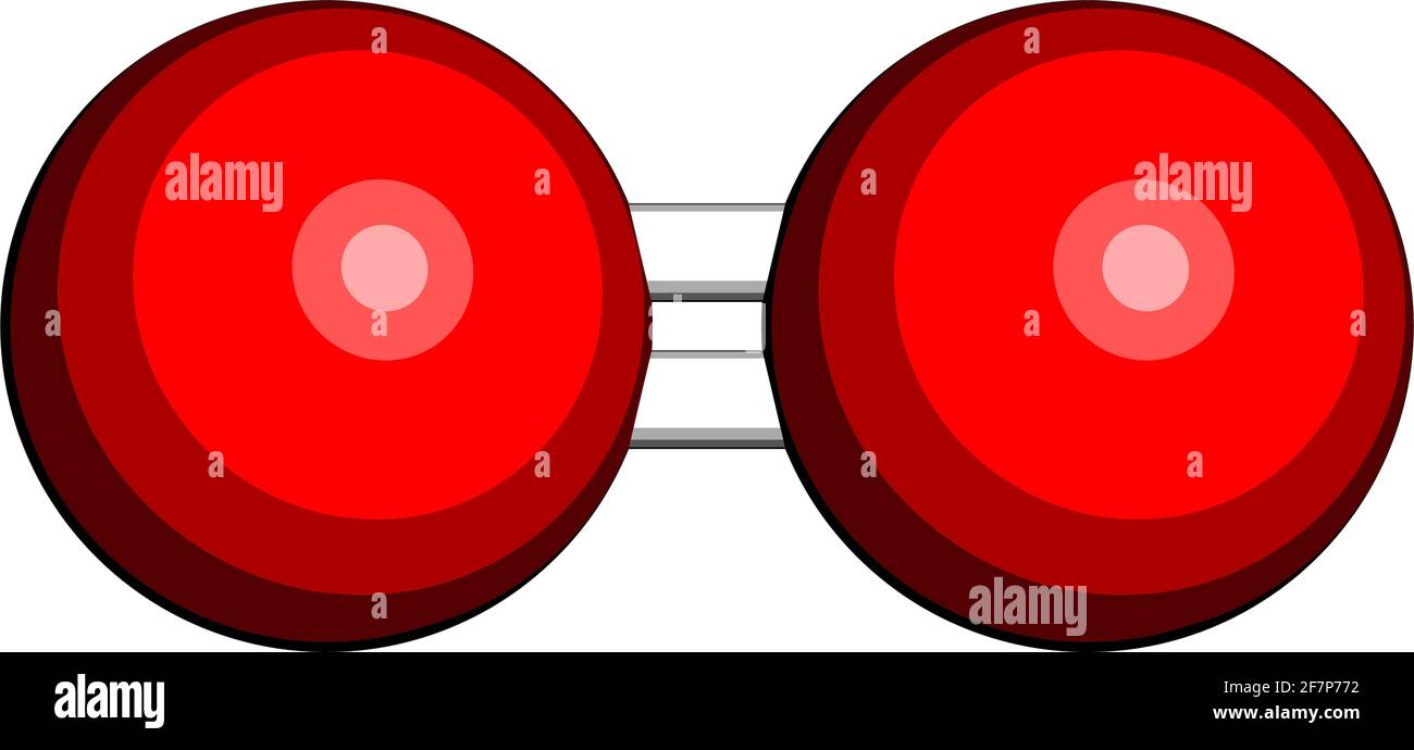 Molecola di ossigeno elementare (O2). Rendering 3D. Gli atomi sono rappresentati come sfere con codifica a colori convenzionale: Ossigeno (rosso). Illustrazione Vettoriale