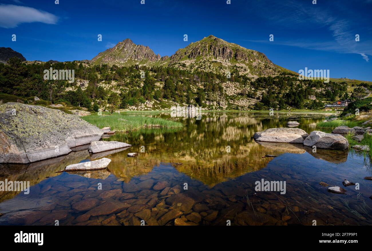 Estany primer de Pessons lago in una mattina estiva (circo di Pessons, Andorra, Pirenei) ESP: Estany primer de Pessons, una mañana de verano (Andorra) Foto Stock