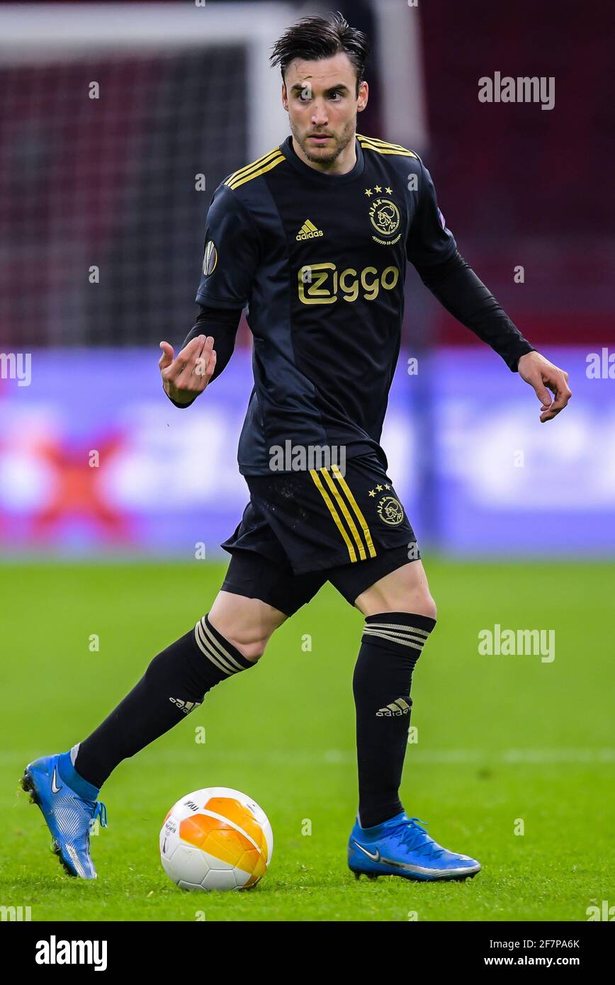 AMSTERDAM, PAESI BASSI - 8 APRILE: Nico Tagliafico di Ajax durante la partita della UEFA Europe League tra Ajax e ROMA alla Johan Cruijff Arena di Apri Foto Stock