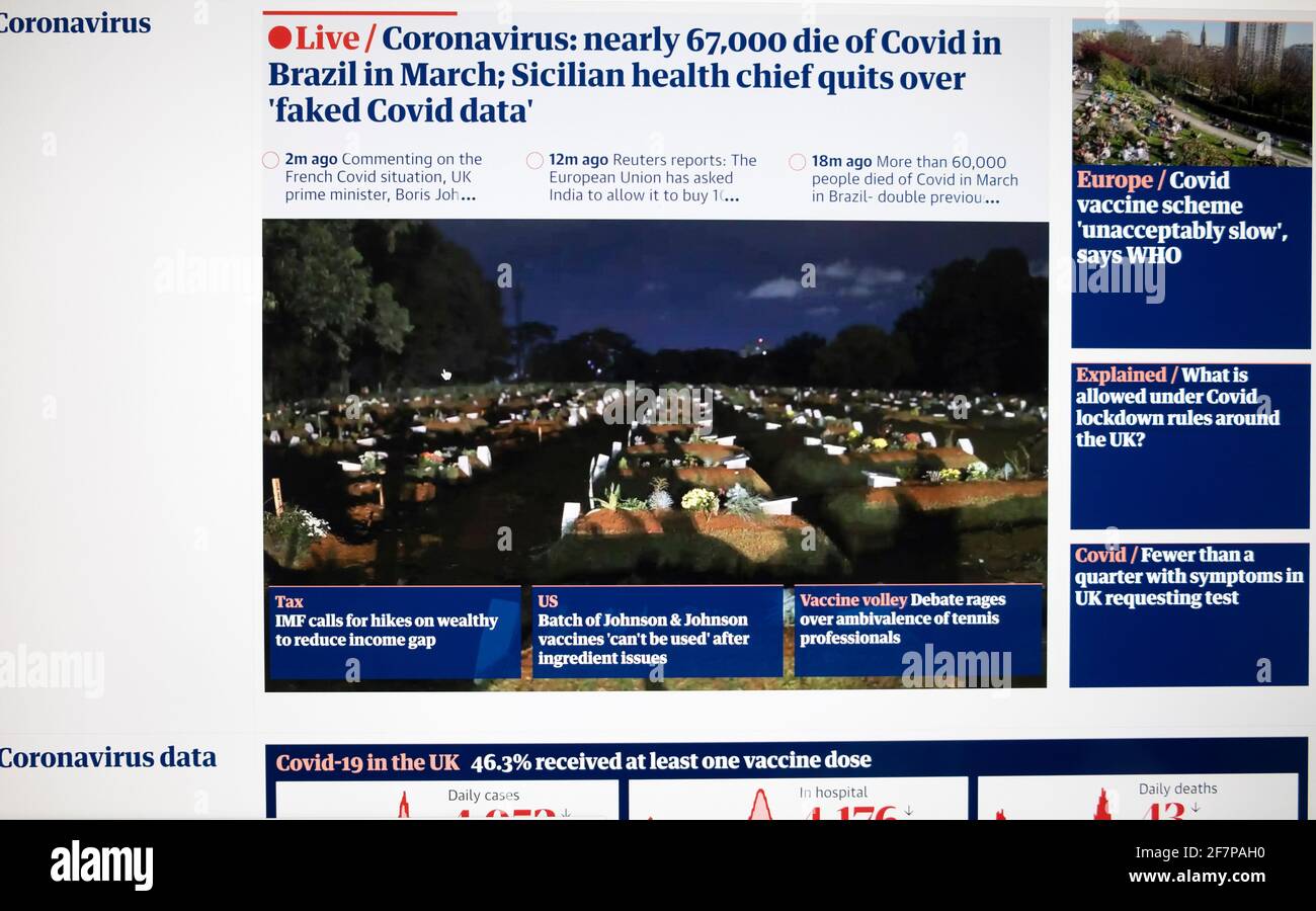 'Coronavirus quasi 67,000 morti di Covid in Brasile nel mese di marzo: Il capo della salute siciliana esce sopra 'faked Covid data' ' Guardian giornale sito web screen UK Foto Stock