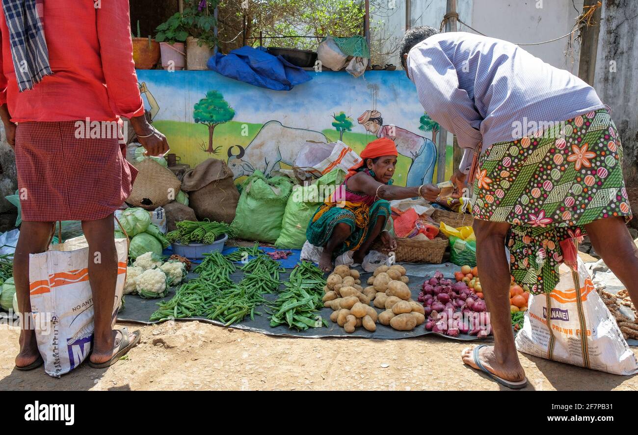 Koraput, India - Febbraio 2021: Donna Adivasi dalla tribù Kondh che vende verdure nel mercato Koraput il 21 febbraio 2021 a Odisha, India. Foto Stock