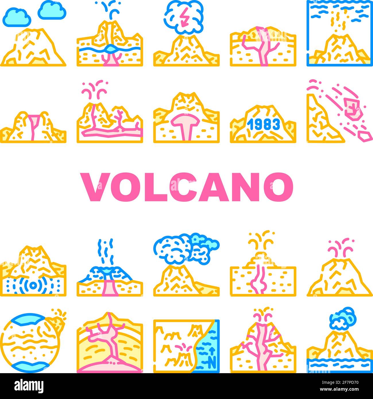 Vulcano Lava eruzione raccolta icone Set vettore Illustrazione Vettoriale