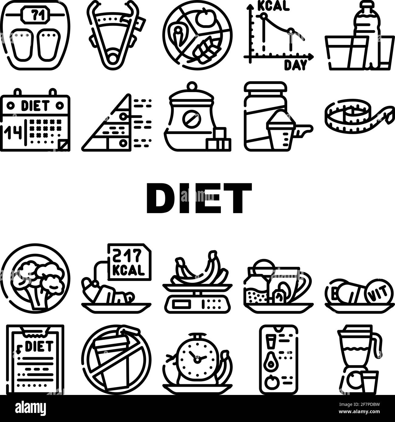 Prodotti dietetici e icone di raccolta di attrezzi Imposta vettore Illustrazione Vettoriale