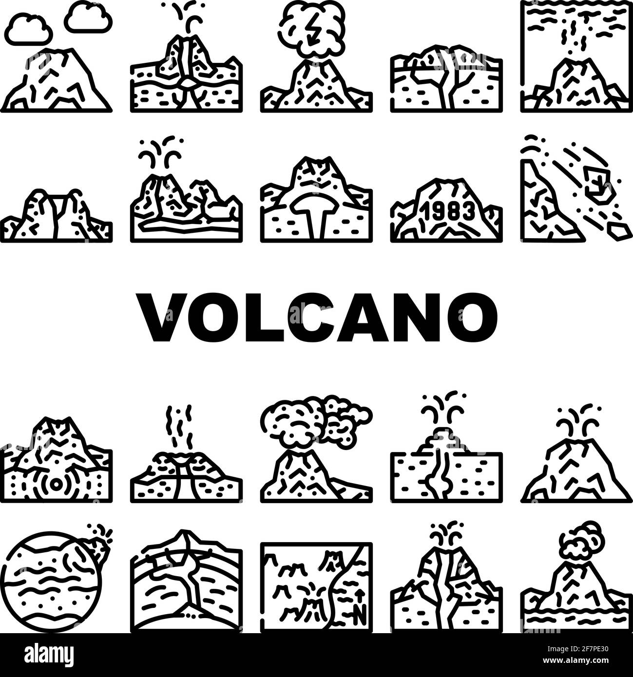 Vulcano Lava eruzione raccolta icone Set vettore Illustrazione Vettoriale
