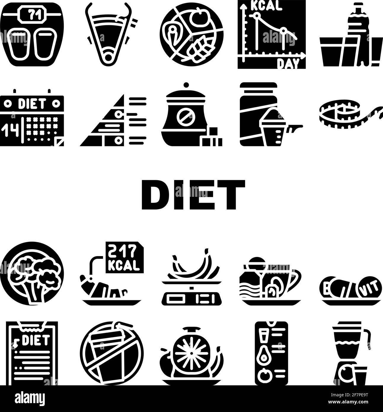 Prodotti dietetici e icone di raccolta di attrezzi Imposta vettore Illustrazione Vettoriale