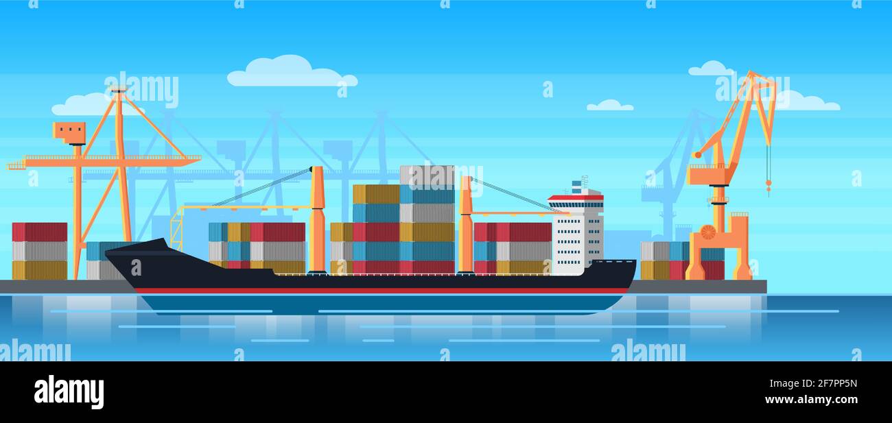 Logistica camion e trasporto container nave. Porto di carico con gru industriali. Illustrazione del vettore del cantiere di spedizione. Illustrazione Vettoriale
