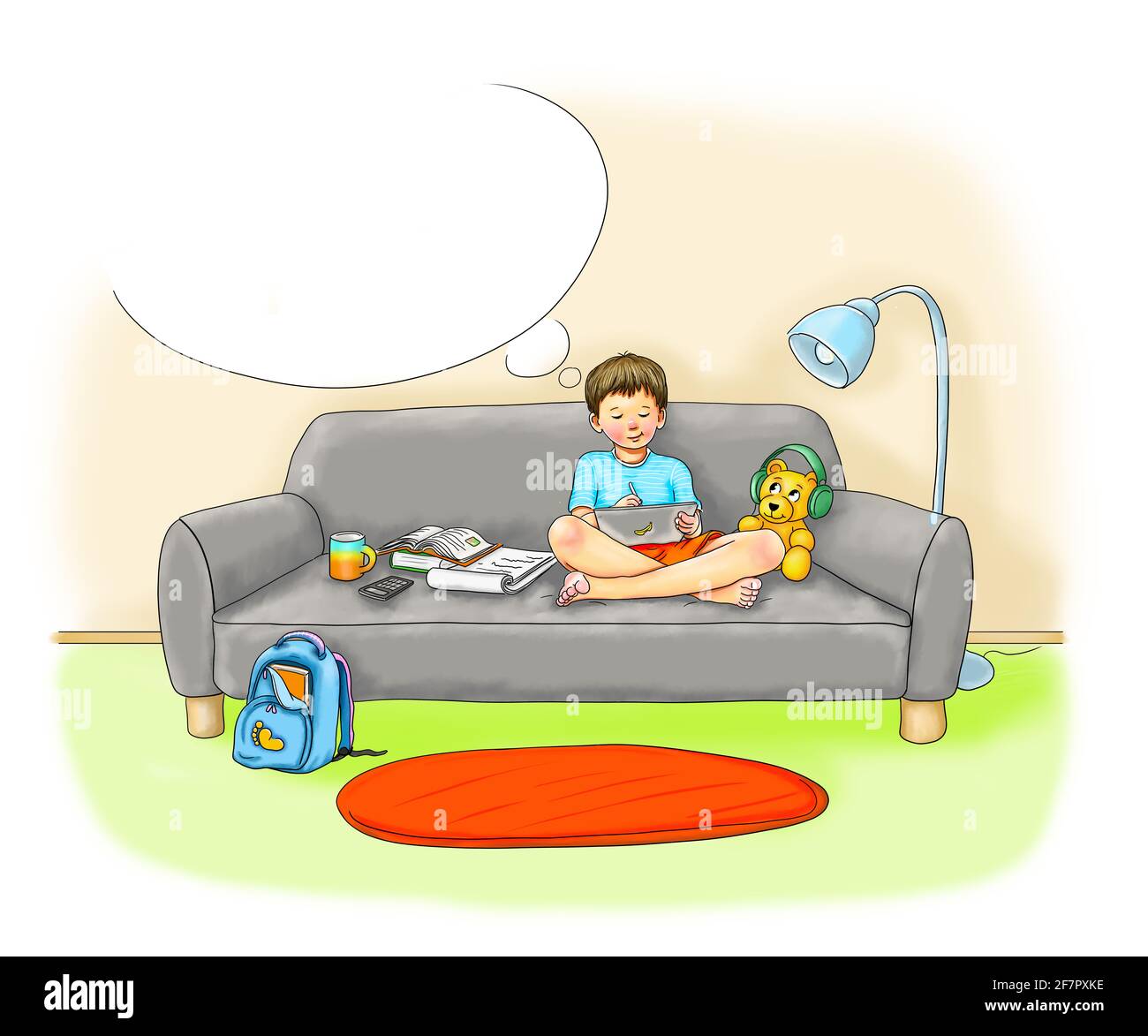 apprendimento digitale, scuola a casa, studente ragazzo seduto comodamente a piedi nudi croce con tablet e penna, stare in interni pandemico corona virus corvid Foto Stock