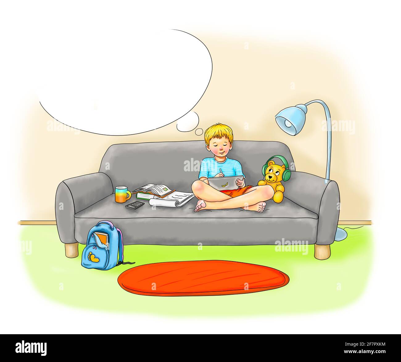 apprendimento digitale, scuola a casa, studente ragazzo seduto comodamente a piedi nudi croce con tablet e penna, stare in interni pandemico corona virus corvid Foto Stock