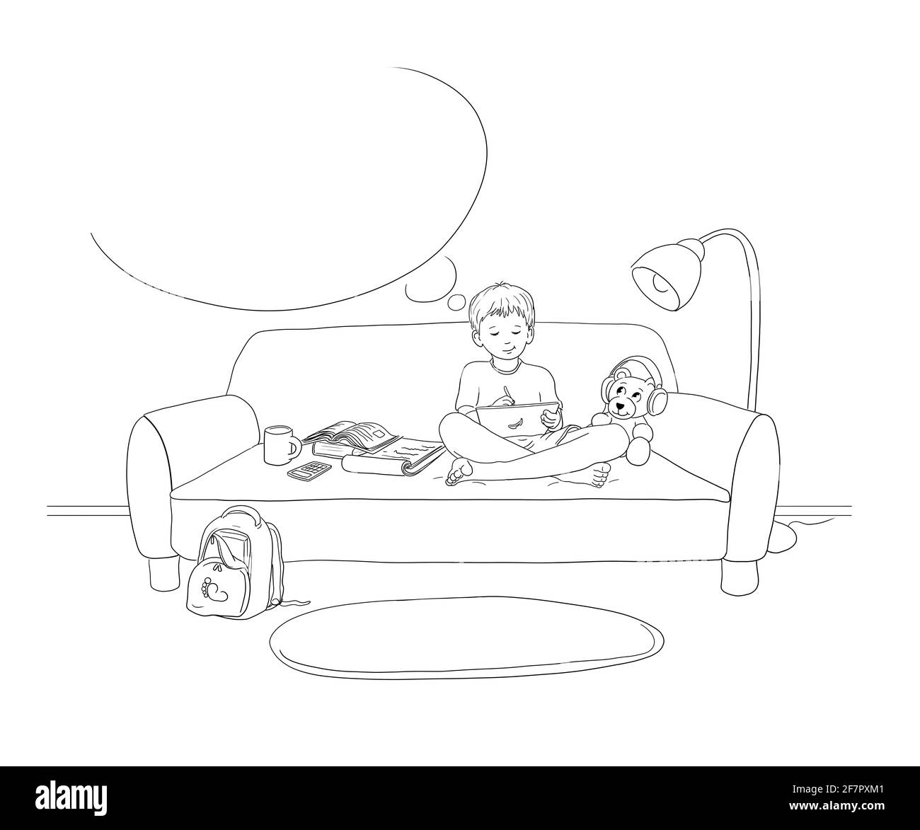 apprendimento digitale, scuola a casa, studente ragazzo seduto comodamente a piedi nudi croce con tablet e penna, stare in interni pandemico corona virus corvid Foto Stock