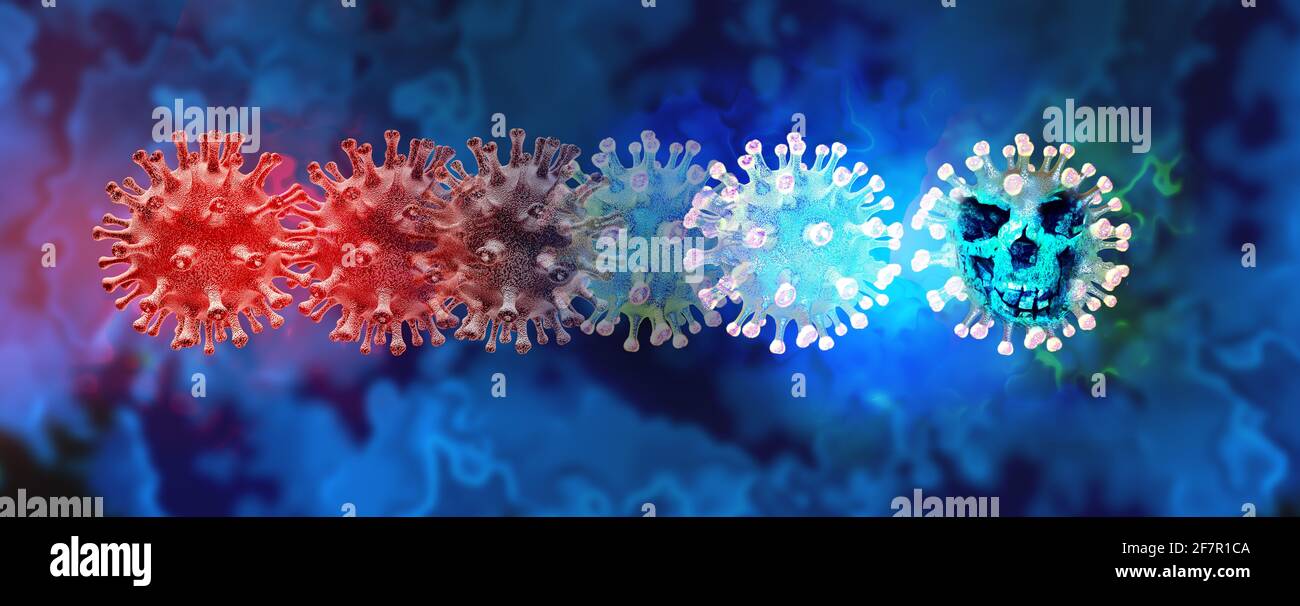 Virus mutante concetto e nuovo coronavirus b.1.1.7 variante focolaio o mutazione di cellule virali covid-19 e background influenzale come influenza pericolosa. Foto Stock