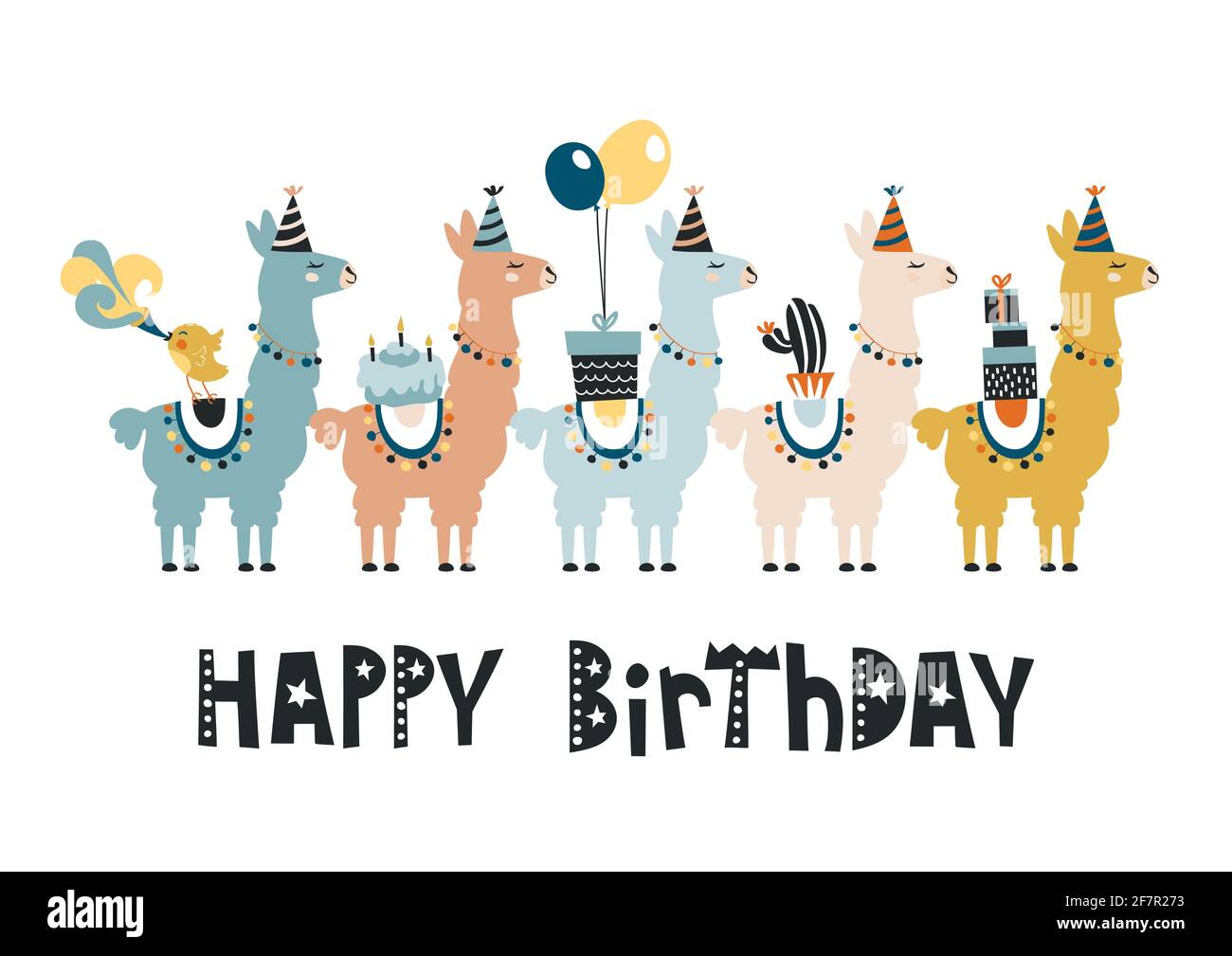 Felice carta di compleanno con carino cartoon lama design. Illustrazione di stock. Illustrazione Vettoriale