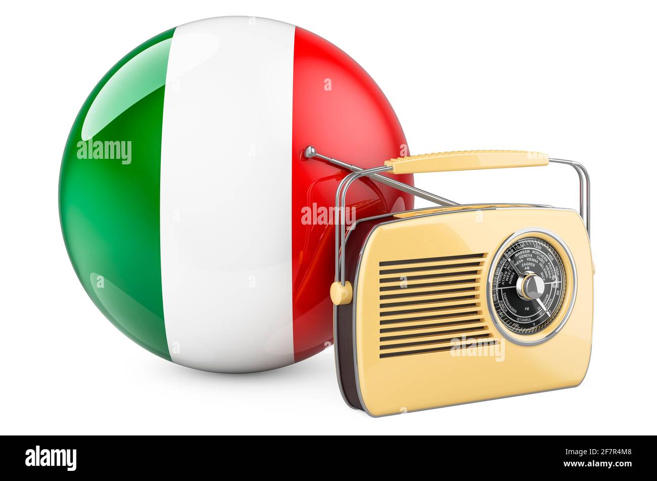 Radio broadcasting in Italia Concept. Ricevitore radio con bandiera italiana. Rendering 3D isolato su sfondo bianco Foto Stock