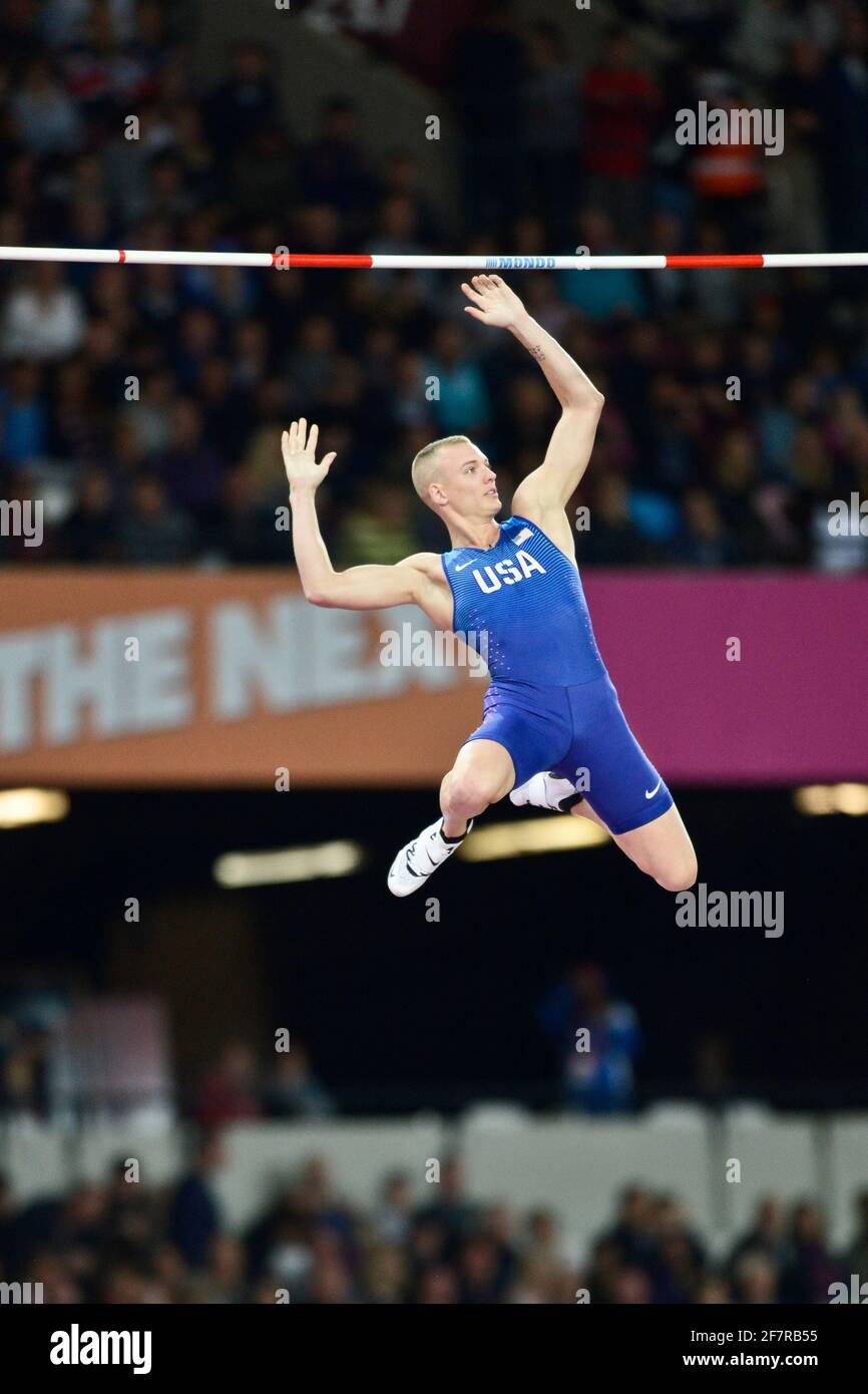 Sam Kendricks (Stati Uniti). Medaglia d'oro di pole Vault. IAAF Athletics World Championships, Londra 2017 Foto Stock