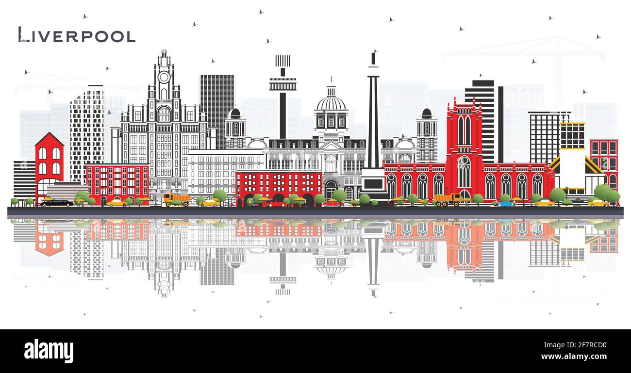 Liverpool Skyline con edifici a colori e riflessi isolati su bianco. Illustrazione vettoriale. Concetto di viaggio e turismo con architettura storica. Illustrazione Vettoriale