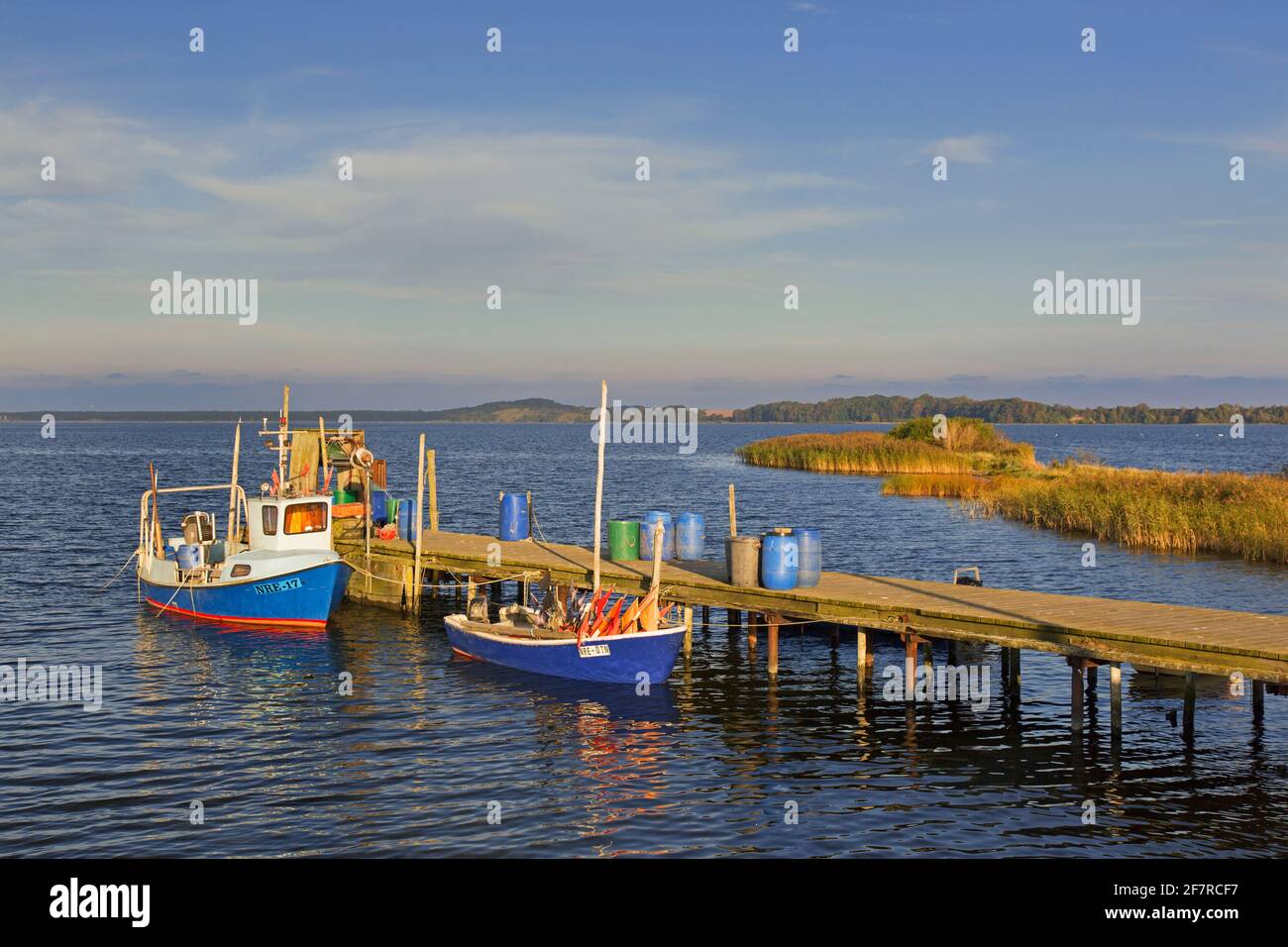 Barche da pesca ormeggiate lungo il molo di legno a Neu Reddevitz, Lancken-Granitz sull'isola di Rügen / Ruegen, Meclemburgo-Pomerania occidentale, Germania Foto Stock