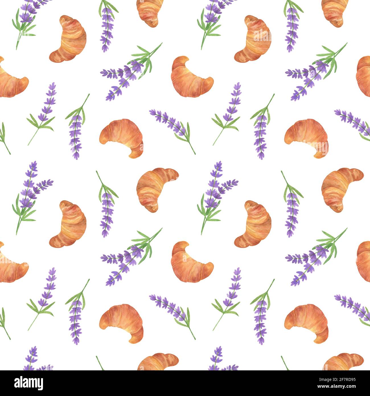 Fiori di lavanda, gustosi croissant con motivo senza cuciture, simbolo della regione francese della Provenza, design estivo e di vacanza, illustrazione floreale disegnata a mano f Foto Stock