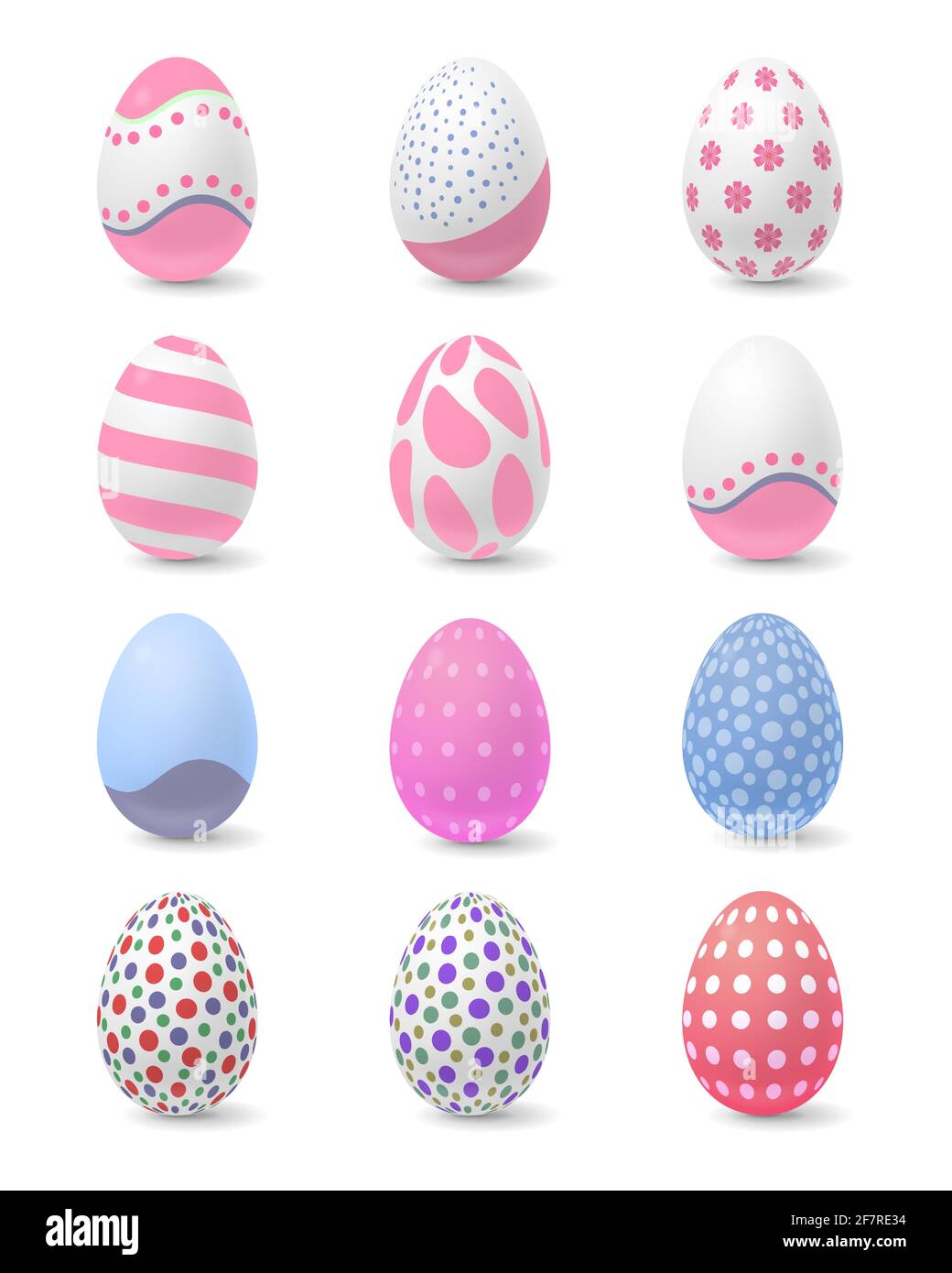 L'illustrazione vettoriale del set di uova di Pasqua è in posizione verticale ed è dipinta in stili diversi. Le uova sono isolate su sfondo bianco. Illustrazione Vettoriale