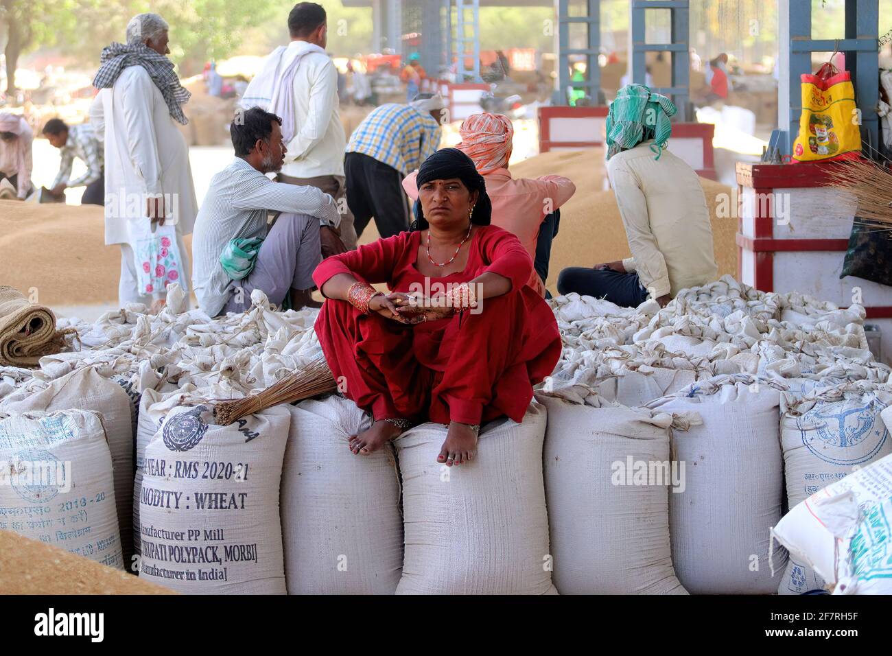 Un operaio quotidiano indiano vedeva poggiare sopra dei sacchi che contengono i grani di grano dopo che era stato messo all'asta al mercato all'ingrosso del grano in Narela Mandi. Foto Stock