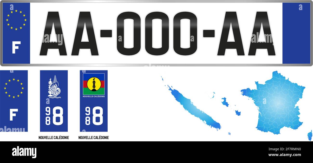 Nuova Caledonia, Francia, modello della targa regionale francese, dettaglio dell'etichetta laterale del reparto, illustrazione vettoriale, esempio di numerazione Illustrazione Vettoriale