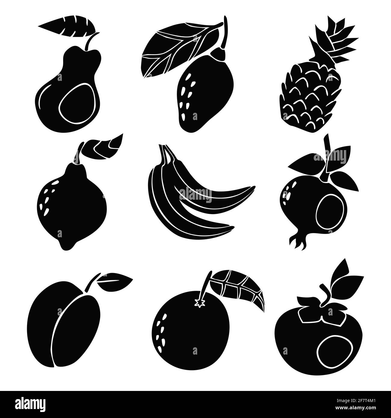 set di silhouette nere ricche di dettagli in frutta. Pera, avocado, ananas, limone, banana, illustrazione vettoriale del persimmon di prugna di melograno Illustrazione Vettoriale