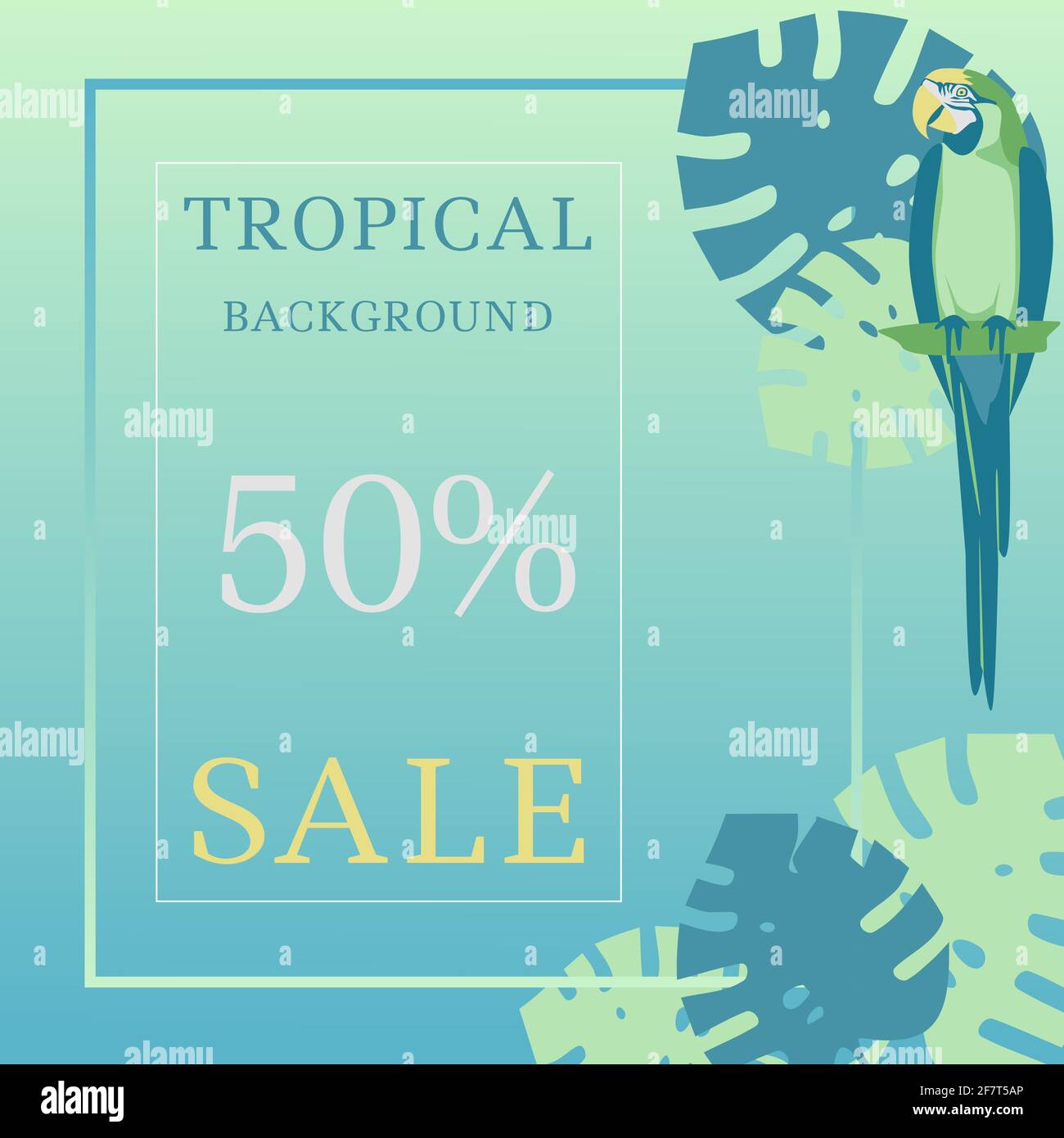 Il concetto di macaw di pappagallo blu su uno sfondo di vegetazione tropicale, striscione, poster dell'annuncio, illustrazione del vettore di modello di vendita estiva Illustrazione Vettoriale