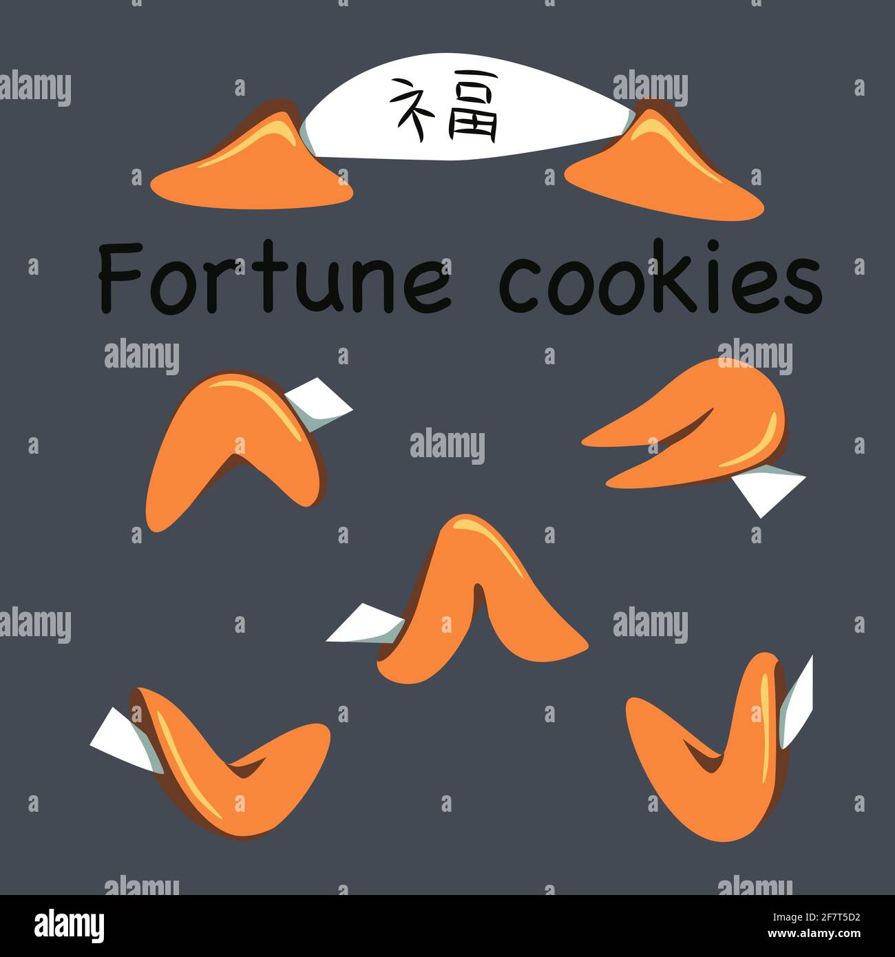 Set di biscotti cinesi Fortune. Dolci tradizionali con note vuote all'interno. Traduzione: Benedizione. Isolamento sullo sfondo. Illustrazione vettoriale Illustrazione Vettoriale