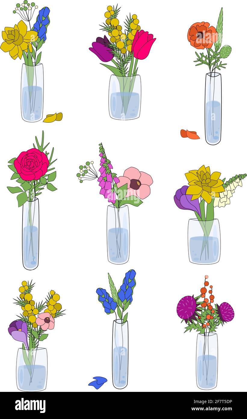 Grande set di bouquet di fiori disegnati a mano in vaso per design, decorazione, schede, poster, inviti, web, icone. Illustrazione vettoriale. Illustrazione Vettoriale