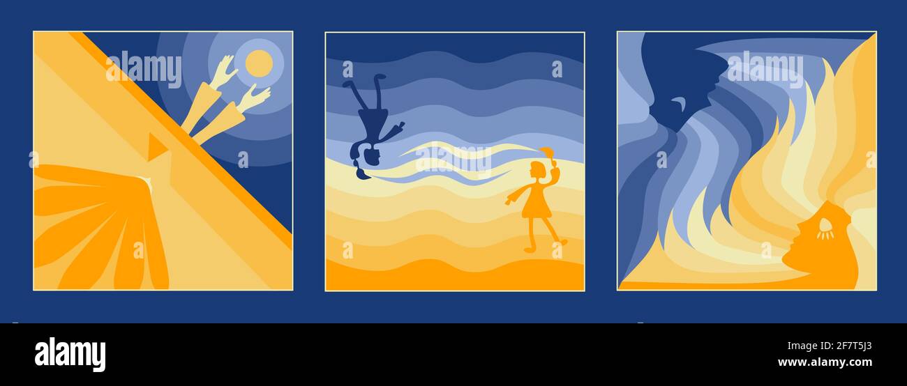 Insieme di immagini astratte. Potrebbe essere un concetto per il sole e la luna, caldo e freddo, arancione e blu, estate e inverno, chiaro e scuro, giorno e notte o. Illustrazione Vettoriale