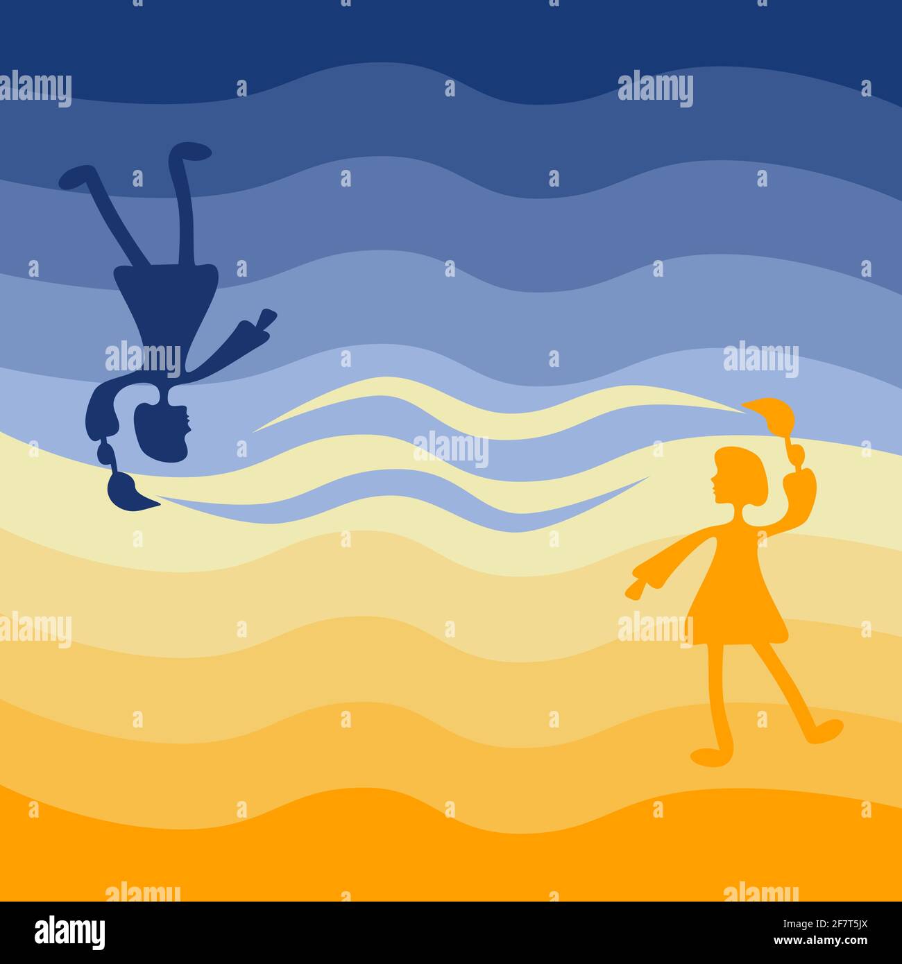 Due ragazze colorano il cielo l'una di fronte all'altra. Potrebbe essere un concetto per il sole e la luna, caldo e freddo, arancione e blu, estate e inverno, chiaro e scuro Illustrazione Vettoriale