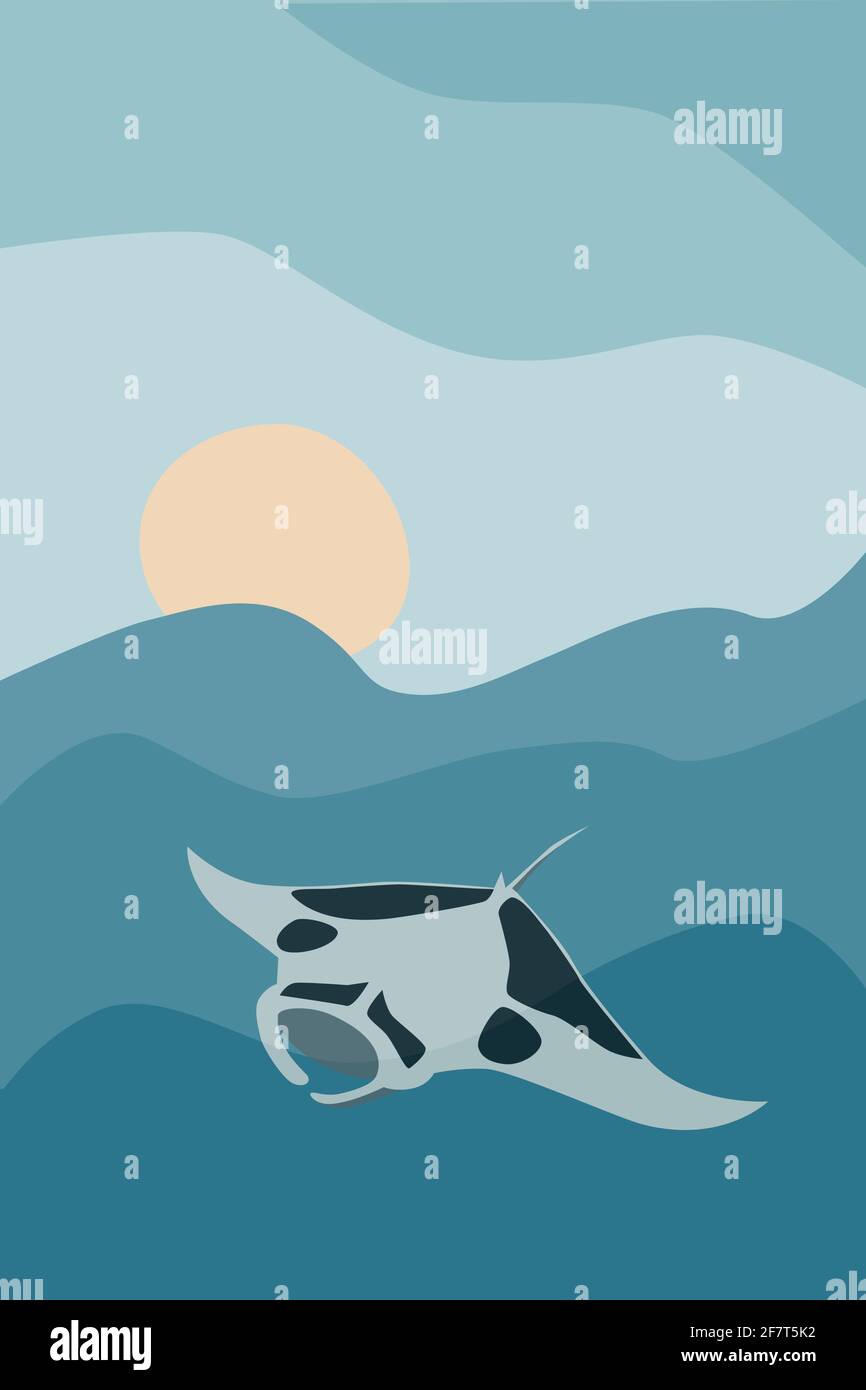 Grande manta su sfondo mare astratto. Semplice illustrazione vettoriale disegnata a mano. Banner subacqueo, poster, scheda Illustrazione Vettoriale