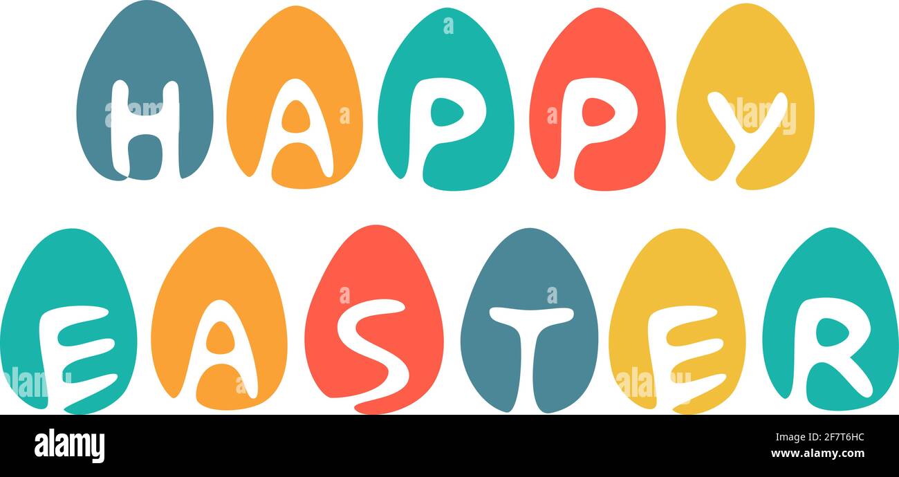 Lettere pasquali felici, lettere bianche su uova colorate, semplice illustrazione vettoriale Illustrazione Vettoriale