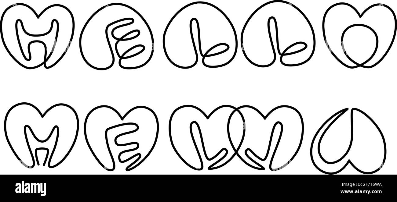 una riga hello script, ogni lettera in figura vettoriale a forma di cuore Illustrazione Vettoriale