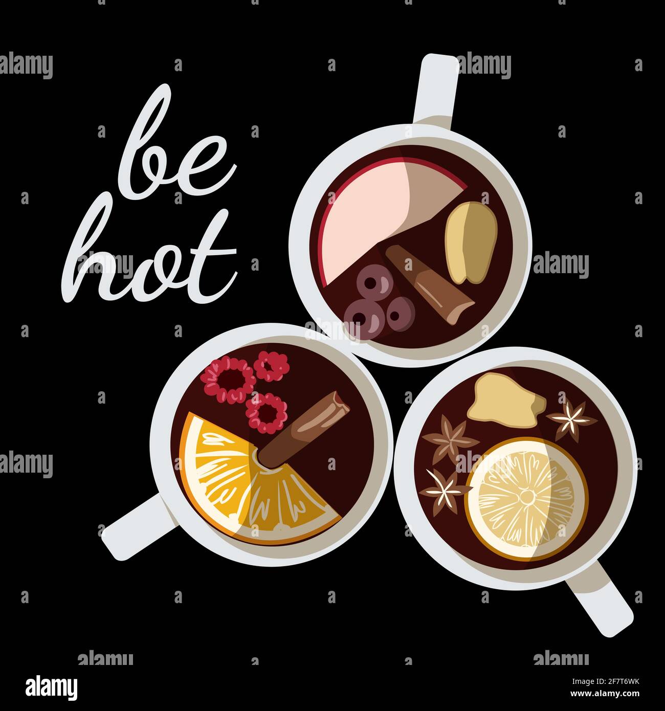 tre tazze di tè con spezie su sfondo nero, l'iscrizione è immagine vettoriale caldo Illustrazione Vettoriale