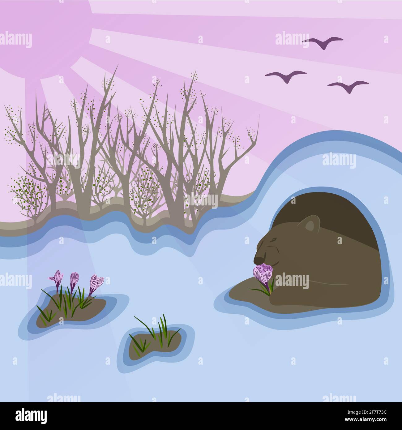 illustrazione primaverile del paesaggio, orso sale fuori dal den e sniffs i primi fiori croccus, il sole è splendente, ghiate nella neve, uccelli sono Illustrazione Vettoriale