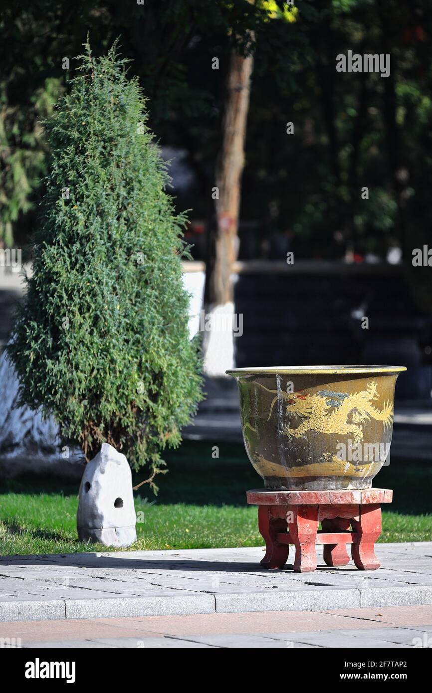 Plantpot in terracotta smaltata-dorato lungo o drago cinese serpente. Tempio di DafoSi-Zhangye-Gansu-Cina-1283 Foto Stock